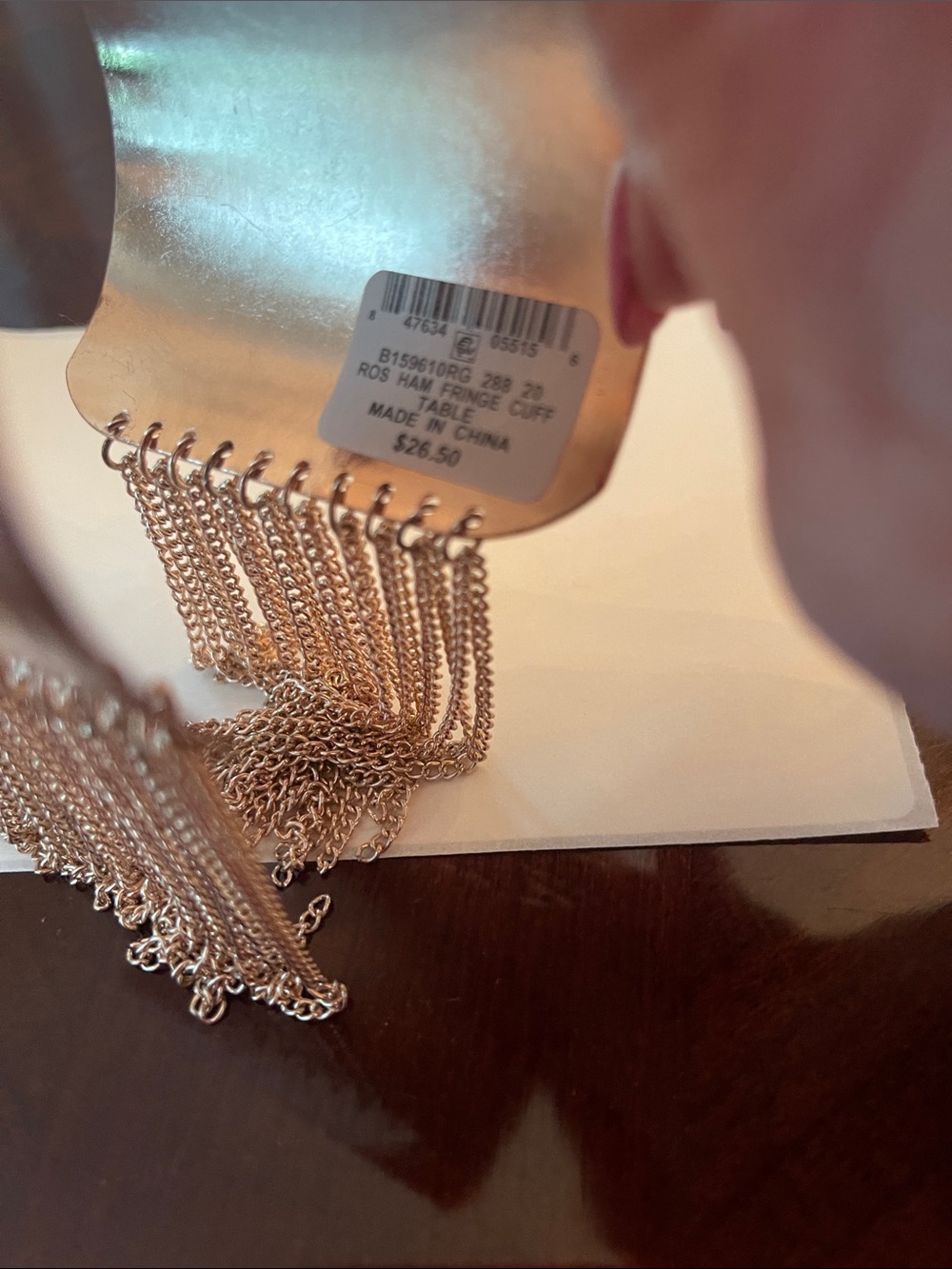 Hammered Rose Gold Cuff Bracelet with Tassel Chains - Picture 2 of 4